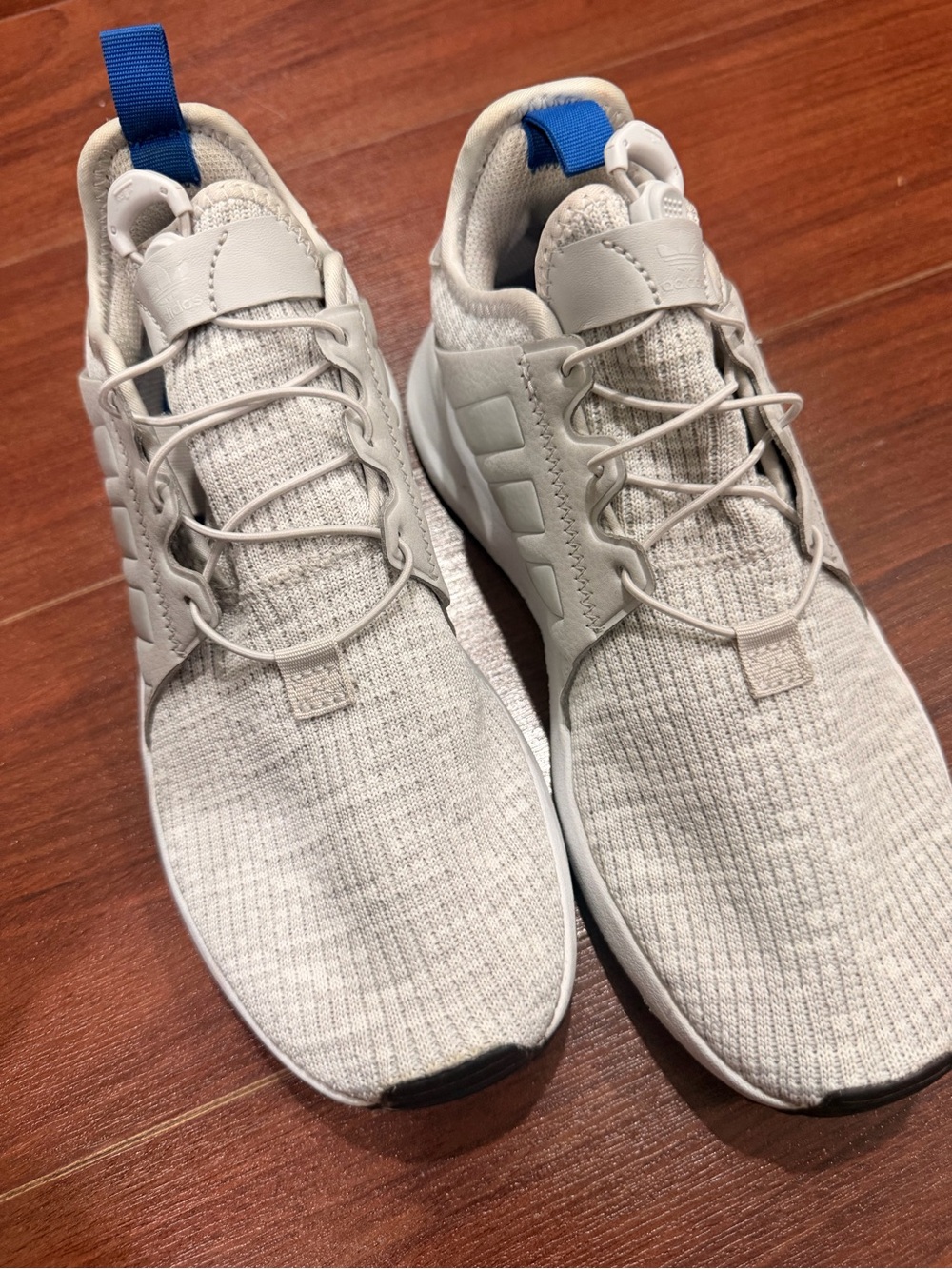 adidas Light Cream Knit Sneakers with Blue Heel Pull